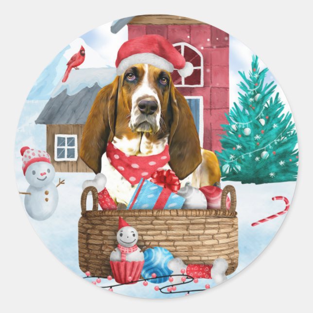 Basset Hound Hund im Schnee Weihnachtshaus Runder Aufkleber (Vorderseite)