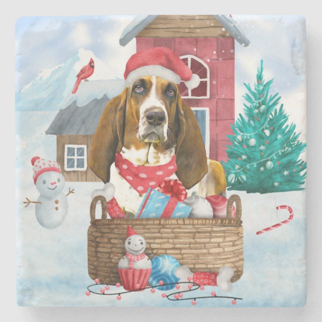 Basset Hound Hund im Schnee Weihnachtshaus Steinuntersetzer (Vorderseite)