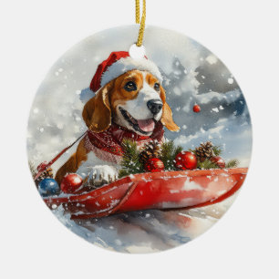Basset Hound Hund in Sledge Lass es Schnee Weihnac Keramik Ornament