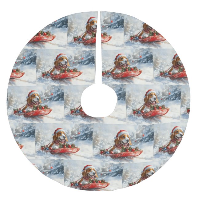 Basset Hound Hund in Sledge Lass es Schnee Weihnac Polyester Weihnachtsbaumdecke (Vorderseite)