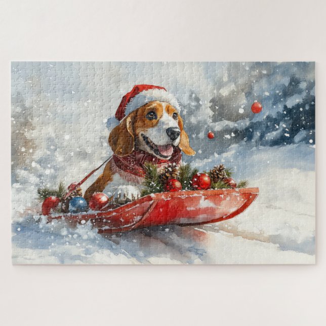 Basset Hound Hund in Sledge Lass es Schnee Weihnac Puzzle (Horizontal)