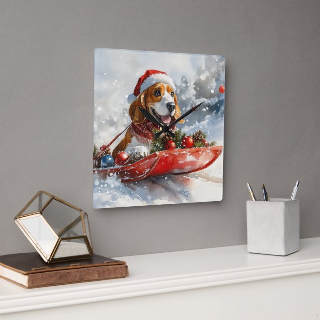 Basset Hound Hund in Sledge Lass es Schnee Weihnac Quadratische Wanduhr (Büro)