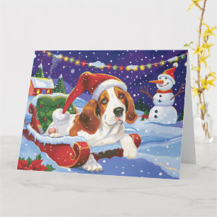 Basset Hound Hund in Sleigh Snow Weihnachten Karte