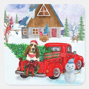 Basset Hound Hund in Weihnachtslieferwagen Schnee Quadratischer Aufkleber