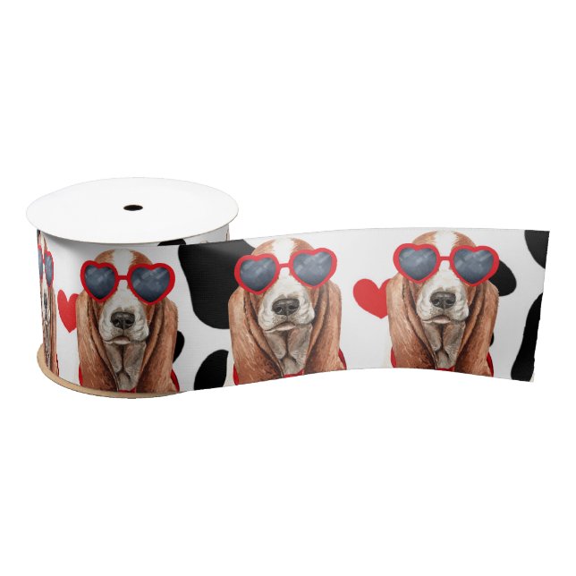 Basset Hound Hund Liebe mit Paw Prints und Herz Satinband (Spule)