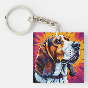 Basset Hound Hund mit farbenfrohem Hintergrund Schlüsselanhänger