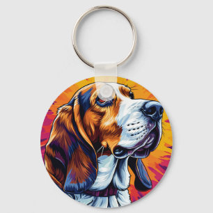 Basset Hound Hund mit farbenfrohem Hintergrund Schlüsselanhänger