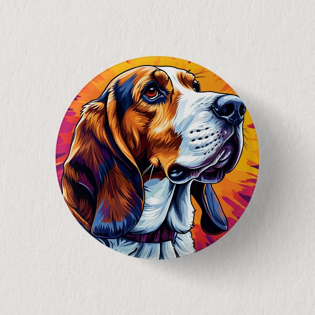 Basset Hound Hund mit farbenprächtigem Hintergrund Button (Vorderseite)