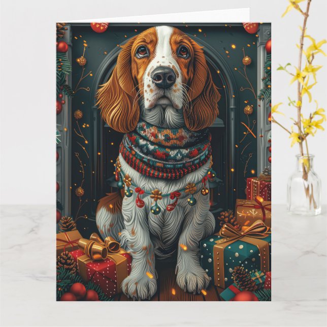 Basset Hound Hund mit Weihnachtsgeschenken Kamin Karte (Gelbe Blume)