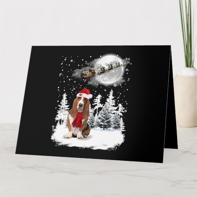 Basset Hound Hund unter Mondlicht Schnee Weihnacht Karte (Vorderseite)