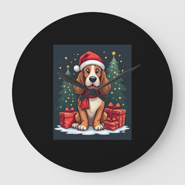 Basset Hound Hund Weihnachten Party Santa Dog Love Große Wanduhr (Vorderseite)
