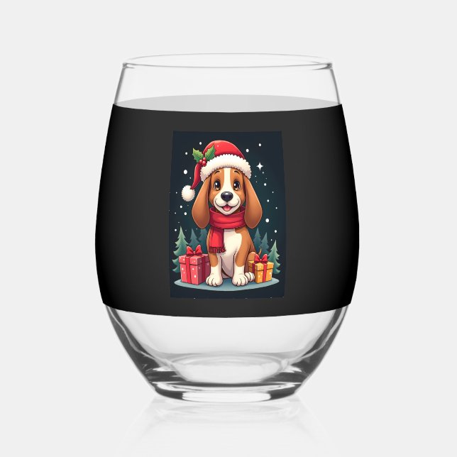 Basset Hound Hund WeihnachtsOutfits Weihnachtsmann Weinglas Ohne Stiel (Vorderseite)