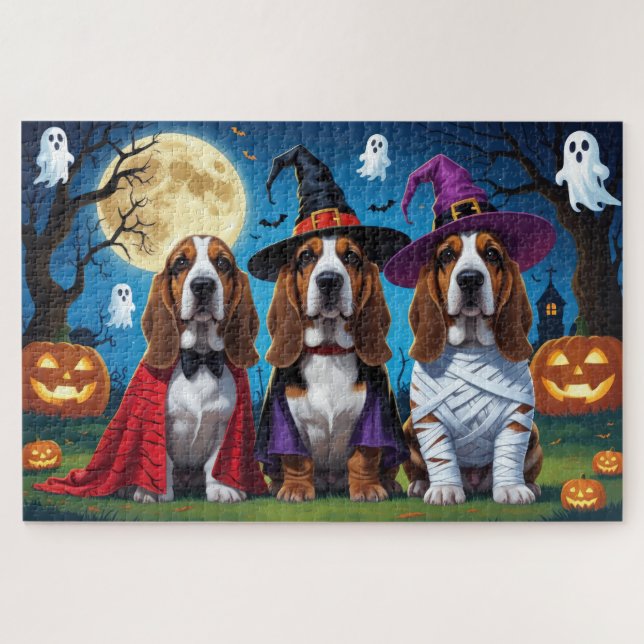 Basset Hound Hunde Pumpkin Halloween Funny Puzzle (Horizontal)