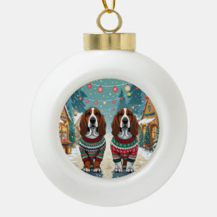 Basset Hound Hunde Weihnachten Schnee Feiertag Keramik Kugel-Ornament