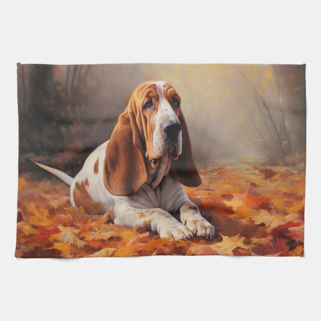 Basset Hound im Herbst Leaves Fall Inspiriert Geschirrtuch (Horizontal)