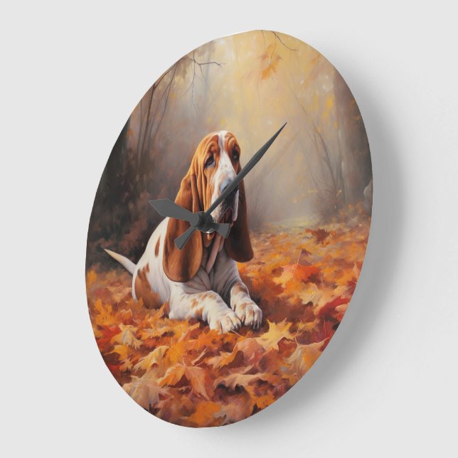 Basset Hound im Herbst Leaves Fall Inspiriert Große Wanduhr (Winkel)