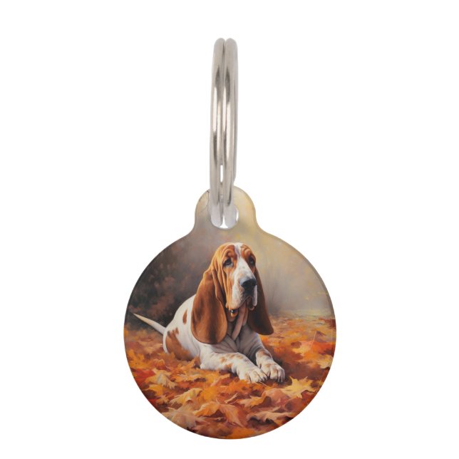 Basset Hound im Herbst Leaves Fall Inspiriert Haustiermarke (Vorderseite)