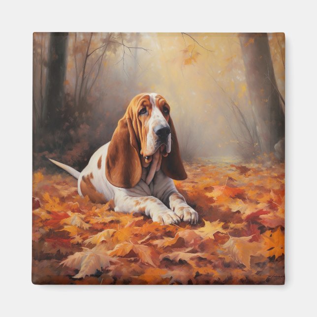 Basset Hound im Herbst Leaves Fall Inspiriert Magnet (Vorne)