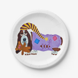 Basset Hound im Schlafanzug mit Teddybär Pappteller