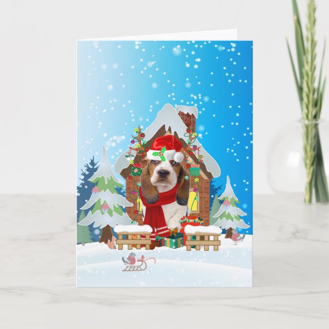Basset Hound im Schnee mit Weihnachtsgeschenken Karte (Vorderseite)