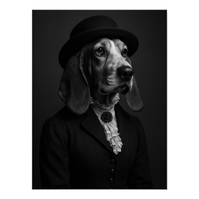 Basset Hound in Bowler Hat & Ruffled Blouse Poster (Vorderseite)