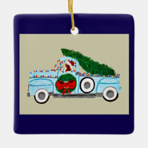Basset Hound in einem antiken Pickup-Truck zu Weih Keramikornament