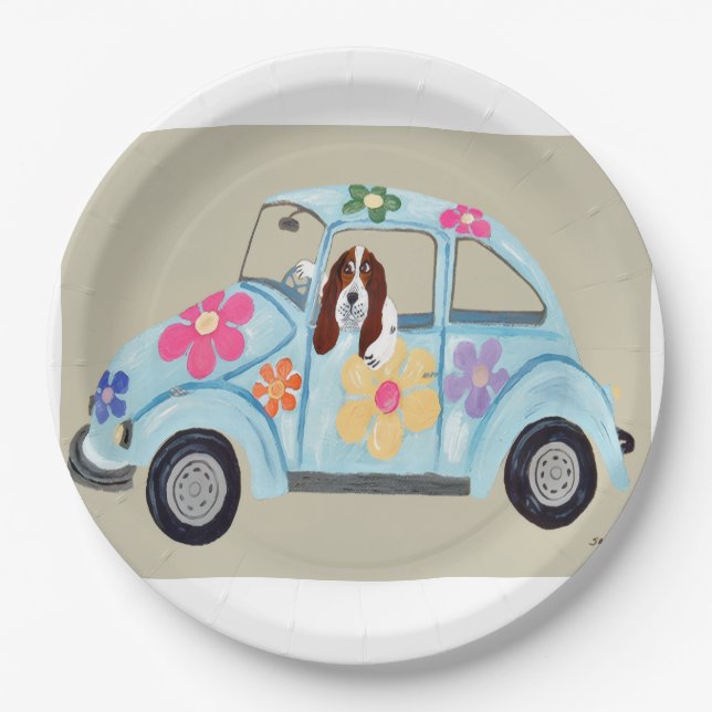Basset Hound in einem Hippie-Auto Pappteller (Vorderseite)