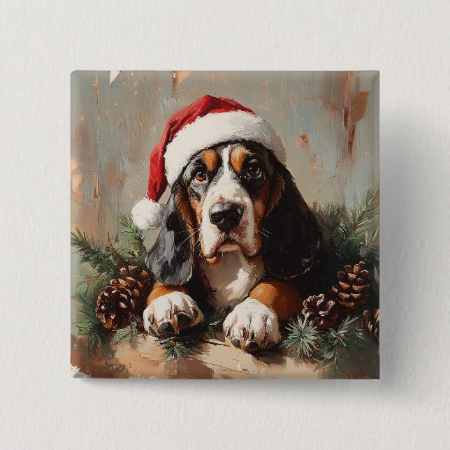 Basset Hound in einer Weihnachtsmannmütze Ölgemäld Button (Vorderseite)