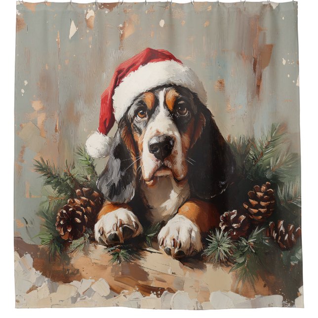 Basset Hound in einer Weihnachtsmannmütze Ölgemäld Duschvorhang (Vorderseite)