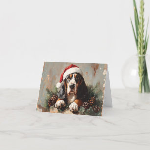 Basset Hound in einer Weihnachtsmannmütze Ölgemäld Feiertagskarte