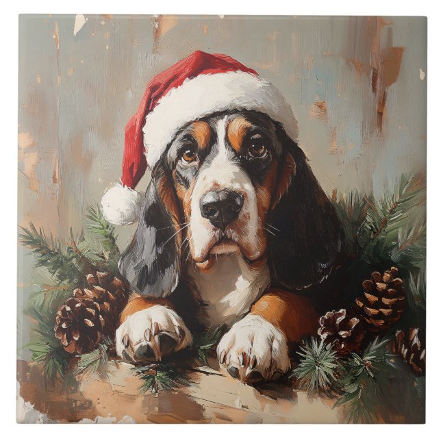 Basset Hound in einer Weihnachtsmannmütze Ölgemäld Fliese (Vorderseite)