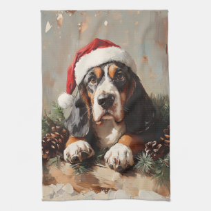 Basset Hound in einer Weihnachtsmannmütze Ölgemäld Geschirrtuch