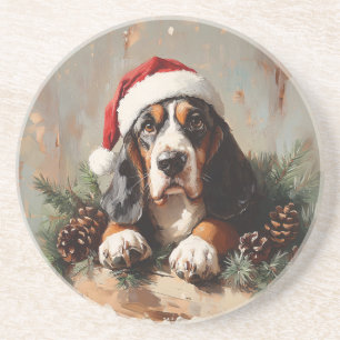 Basset Hound in einer Weihnachtsmannmütze Ölgemäld Getränkeuntersetzer