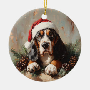Basset Hound in einer Weihnachtsmannmütze Ölgemäld Keramik Ornament