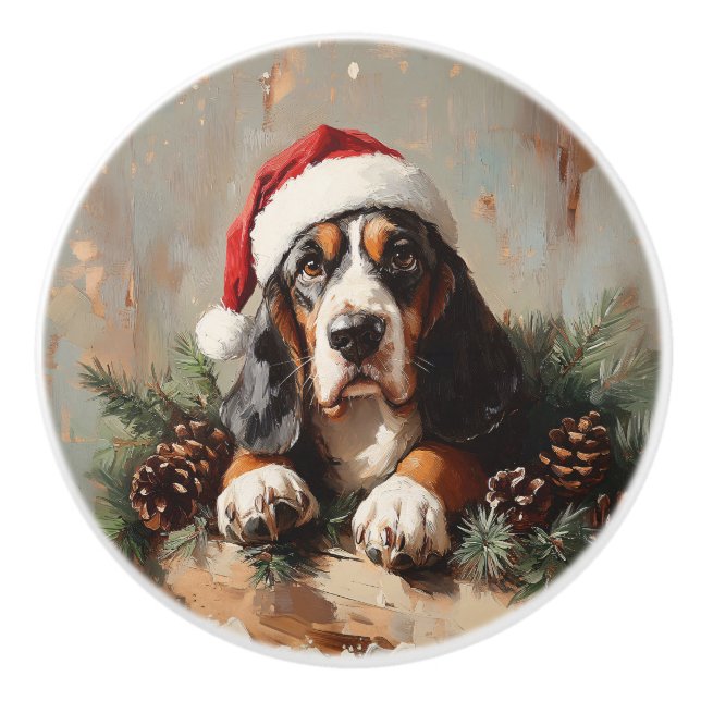 Basset Hound in einer Weihnachtsmannmütze Ölgemäld Keramikknauf (Vorderseite)