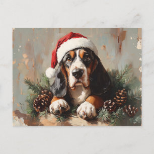 Basset Hound in einer Weihnachtsmannmütze Ölgemäld Postkarte