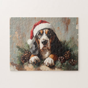 Basset Hound in einer Weihnachtsmannmütze Ölgemäld Puzzle