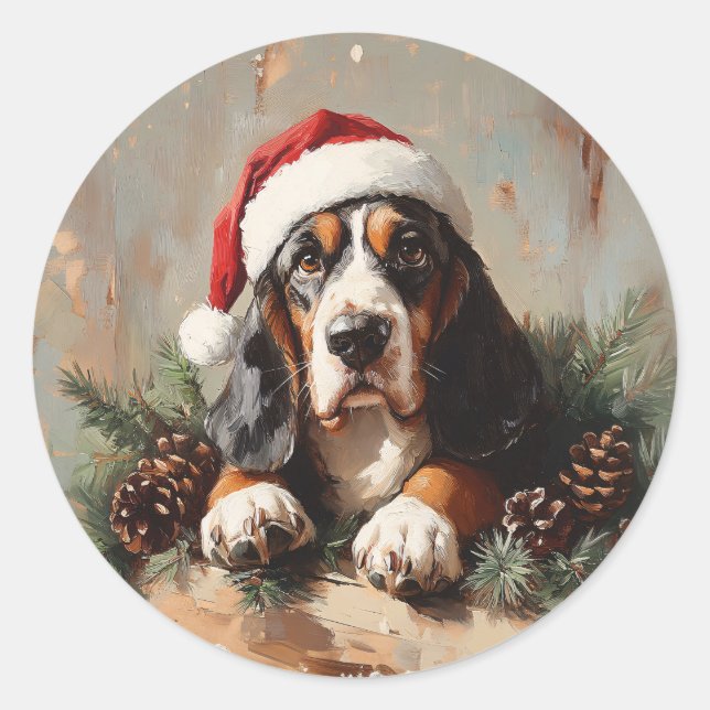 Basset Hound in einer Weihnachtsmannmütze Ölgemäld Runder Aufkleber (Vorderseite)