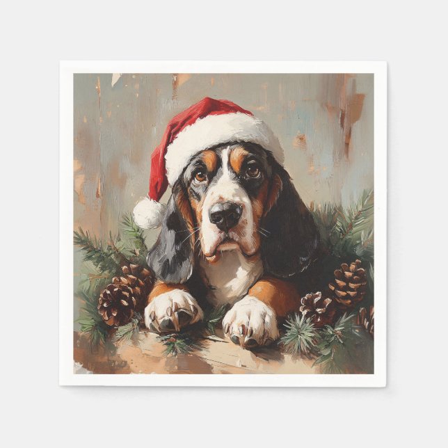 Basset Hound in einer Weihnachtsmannmütze Ölgemäld Serviette (Vorderseite)