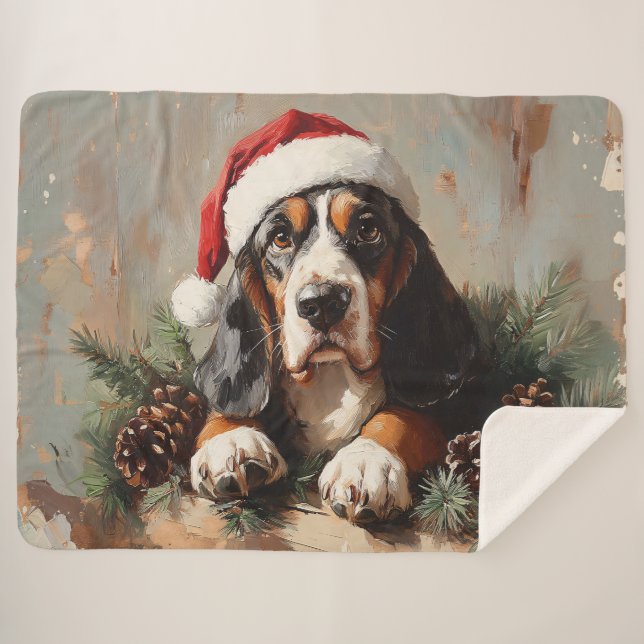 Basset Hound in einer Weihnachtsmannmütze Ölgemäld Sherpadecke (Vorderseite (Horizontal))