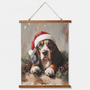 Basset Hound in einer Weihnachtsmannmütze Ölgemäld Wandteppich Mit Holzrahmen