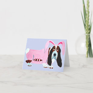 Basset Hound in Pink Bunny Anzug Karte