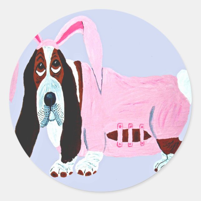 Basset Hound in Pink Bunny Anzug Runder Aufkleber (Vorderseite)