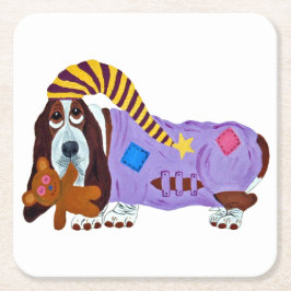 Basset Hound in PJs with teddy bear Rechteckiger Pappuntersetzer