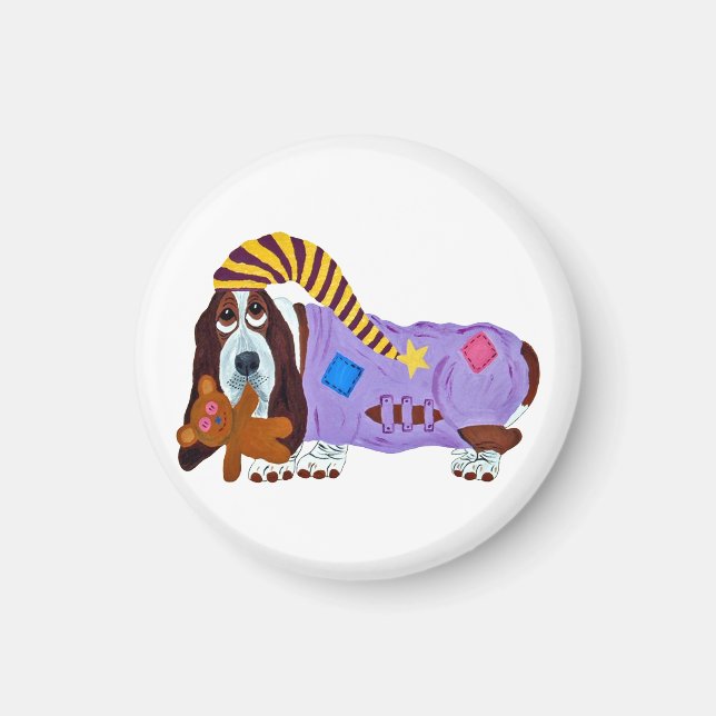 Basset Hound in Pyjamas mit Teddybär Magnet (Vorne)