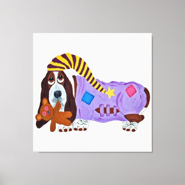 Basset Hound in Schlafanzug mit Teddybär Leinwanddruck (Vorderseite)
