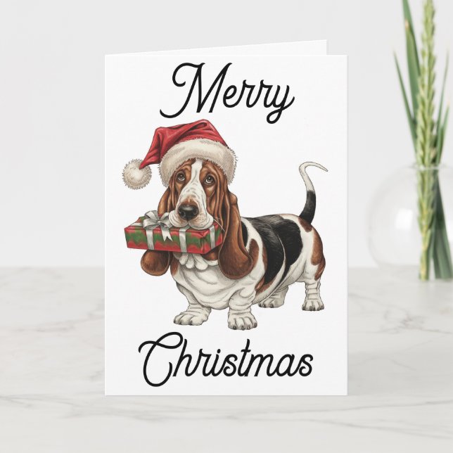 Basset Hound in Weihnachtsmannmütze im Mund Karte (Vorderseite)