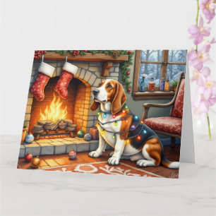 Basset Hound Kamin mit Weihnachtslichtern Karte