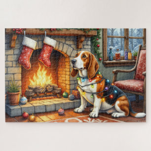 Basset Hound Kamin mit Weihnachtslichtern Puzzle