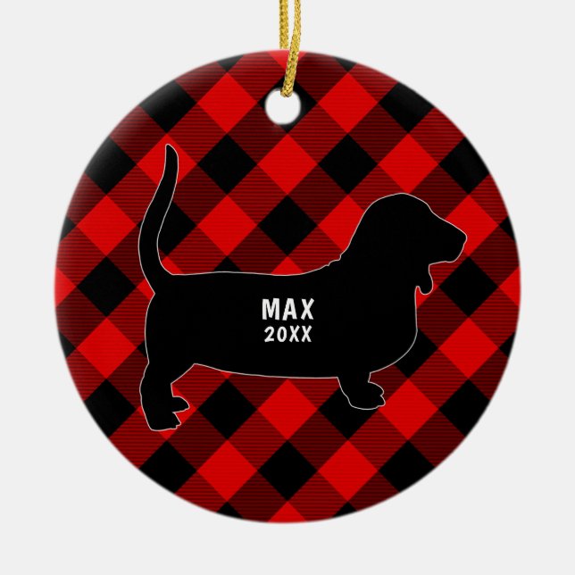 Basset Hound Karierte Weihnachtsfeier Keramik Ornament (Vorne)